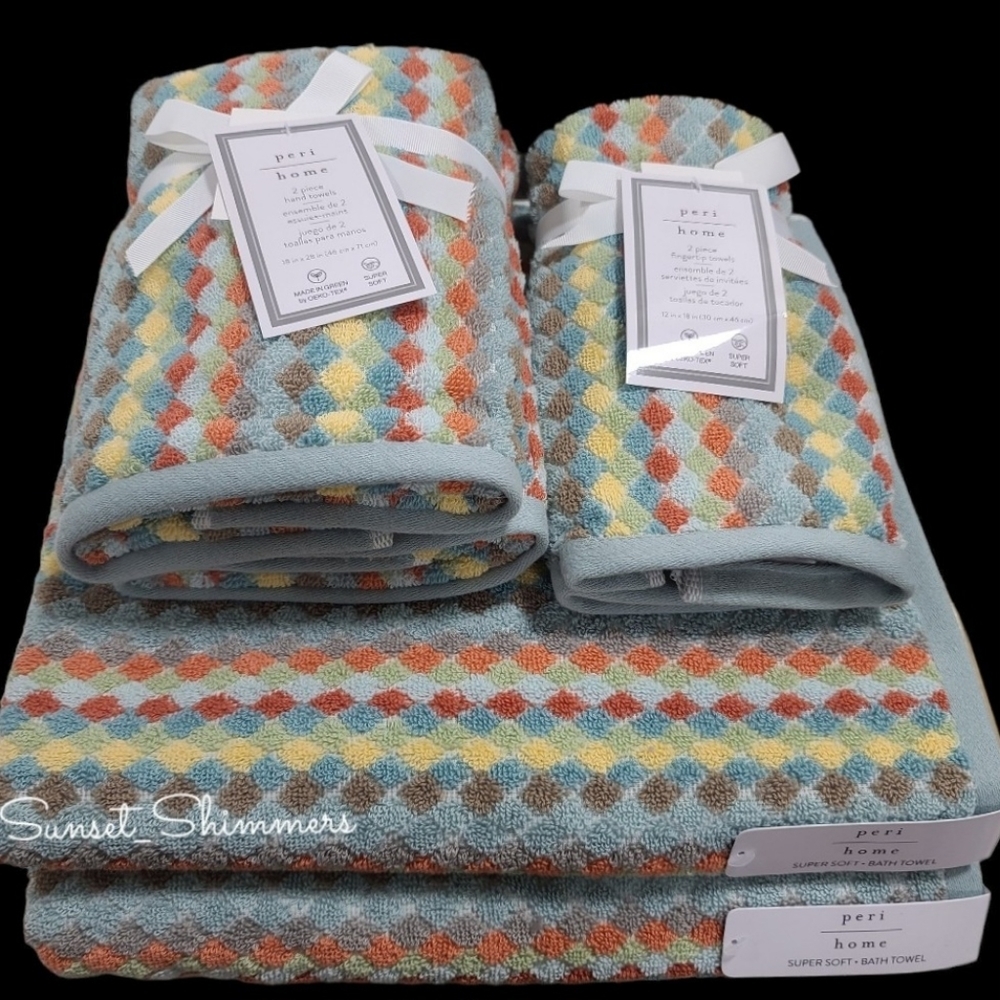 6pc Peri Home Multicolored Diamond Mosaic Tile Bath Hand Tip Towel Set New